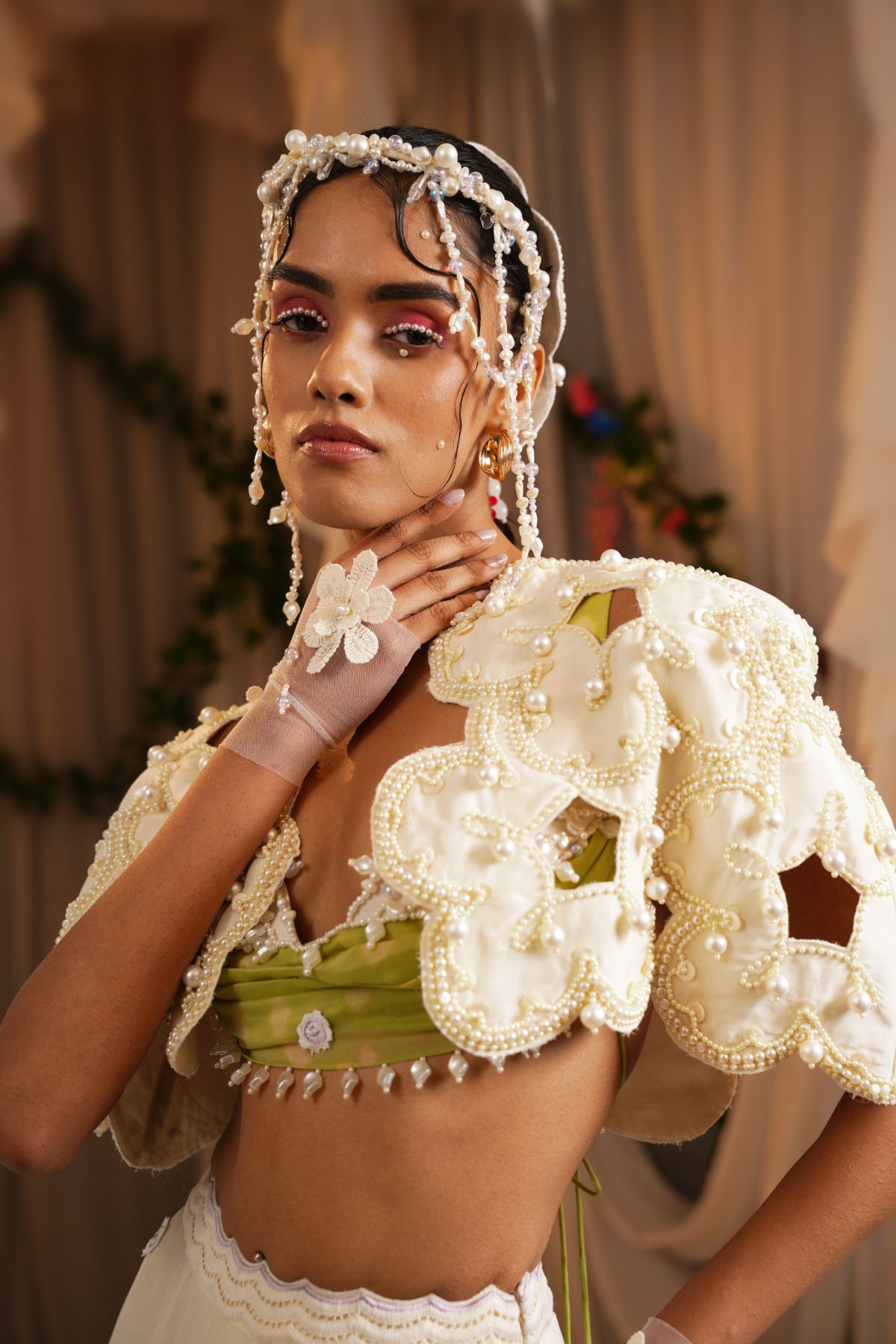 Scalloped Scarf Tier Lehenga With Draped Bustier And Floret Cutwork Cape