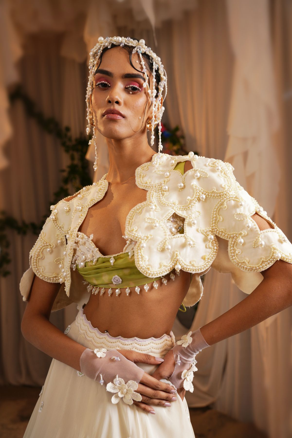 Scalloped Scarf Tier Lehenga With Draped Bustier And Floret Cutwork Cape