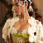 Scalloped Scarf Tier Lehenga With Draped Bustier And Floret Cutwork Cape