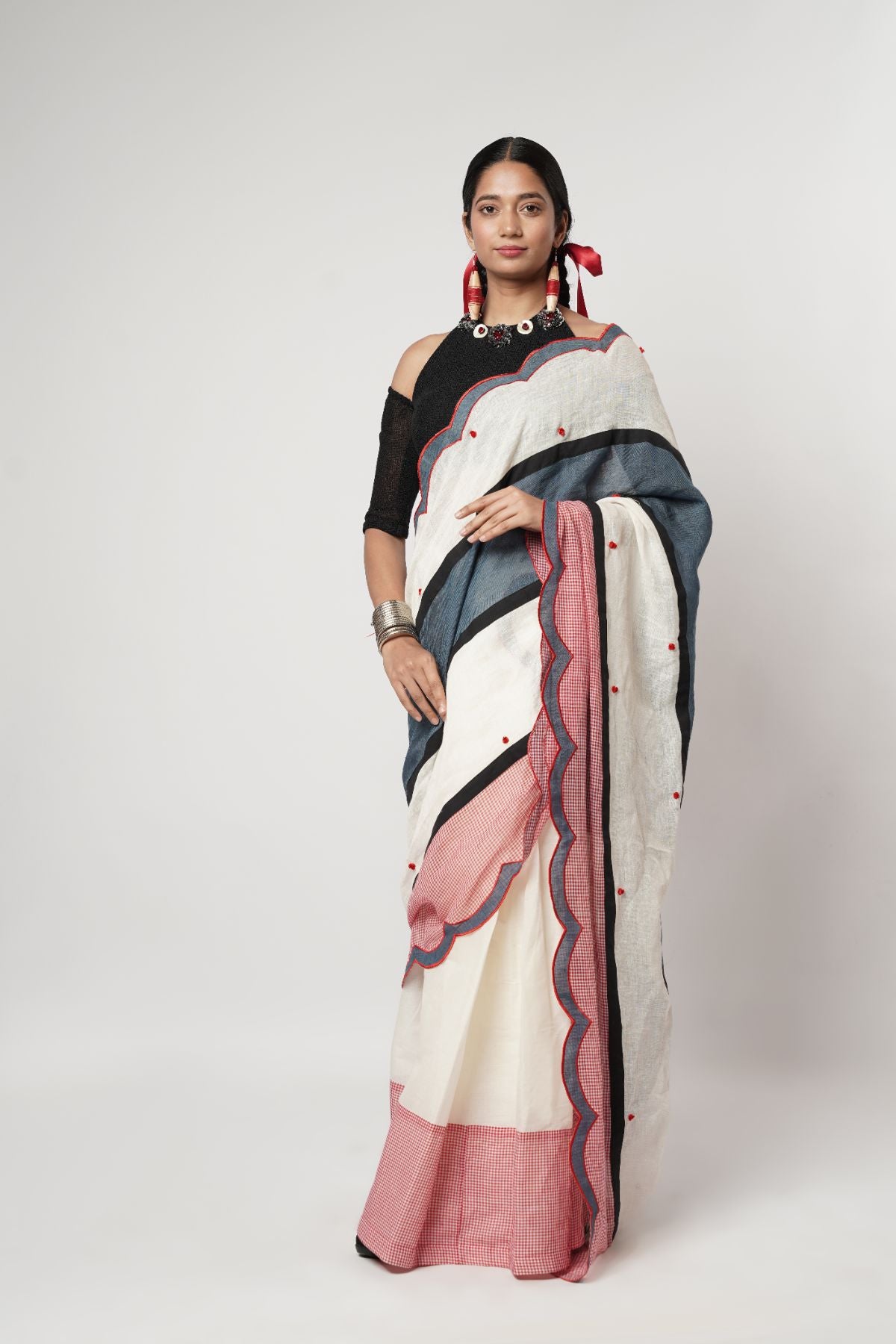 Gamcha Colour Block Scallop Saree Set