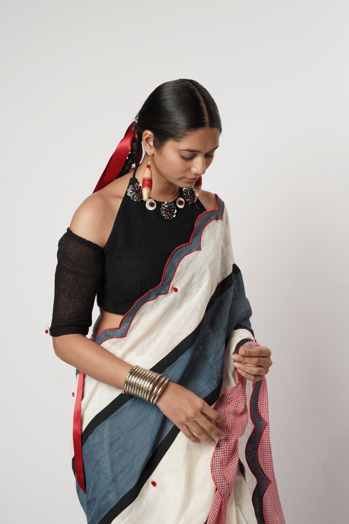 Gamcha Colour Block Scallop Saree Set