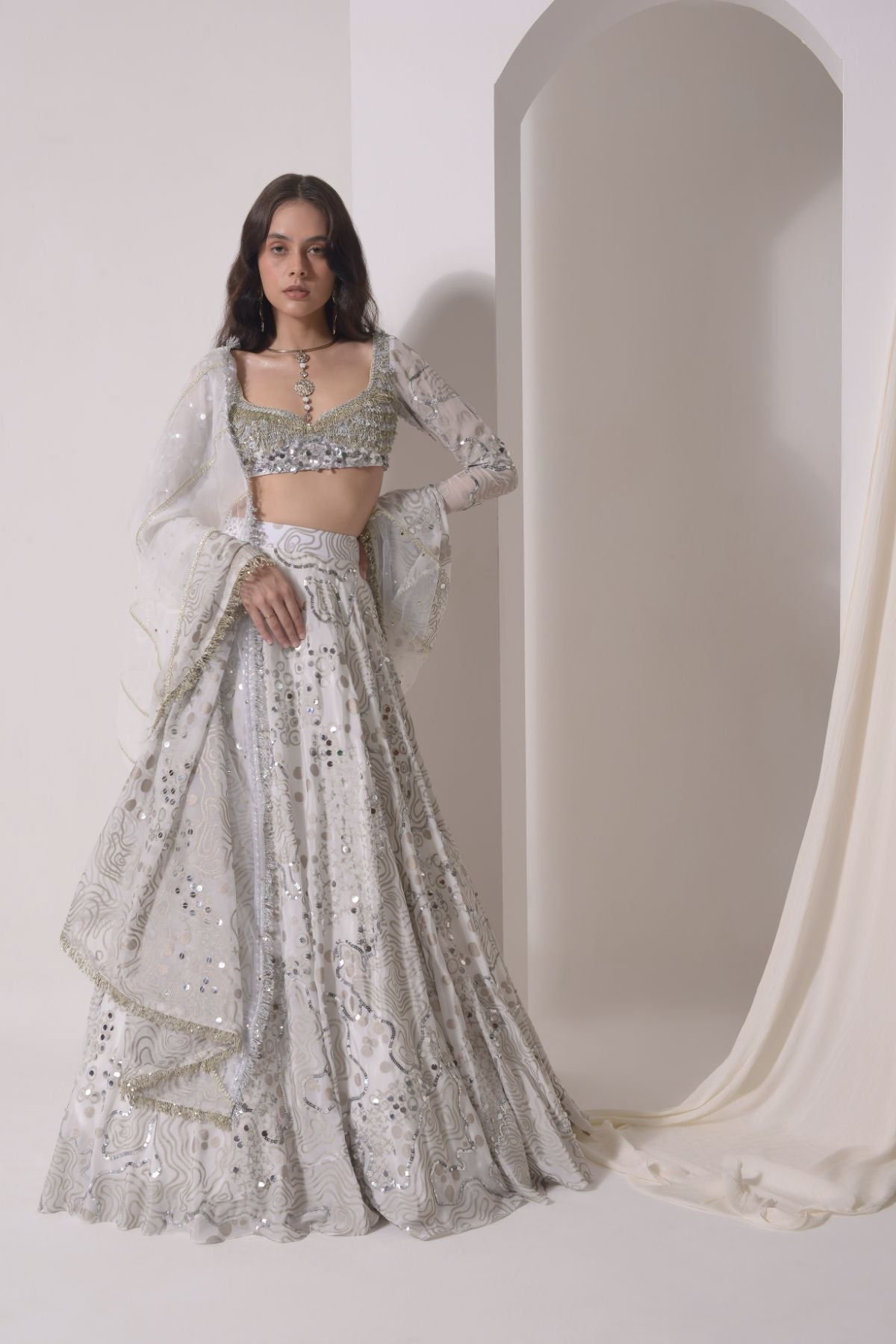 Charcoal Grey Flower Lehenga With a strappy mirror blouse - Vvani by Vani  Vats- Fabilicious Fashion