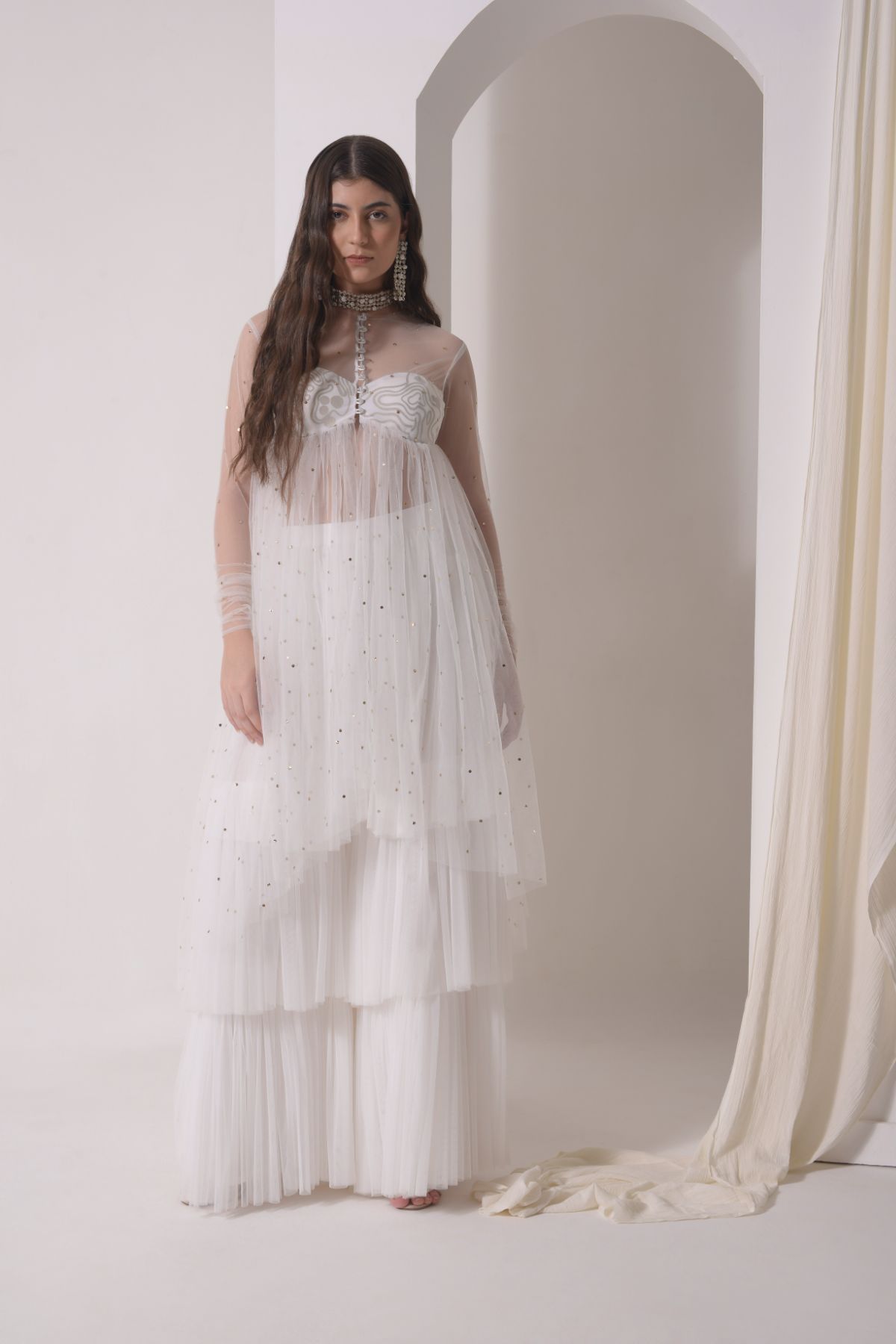 Ruched tulle jacket with tiered sharara