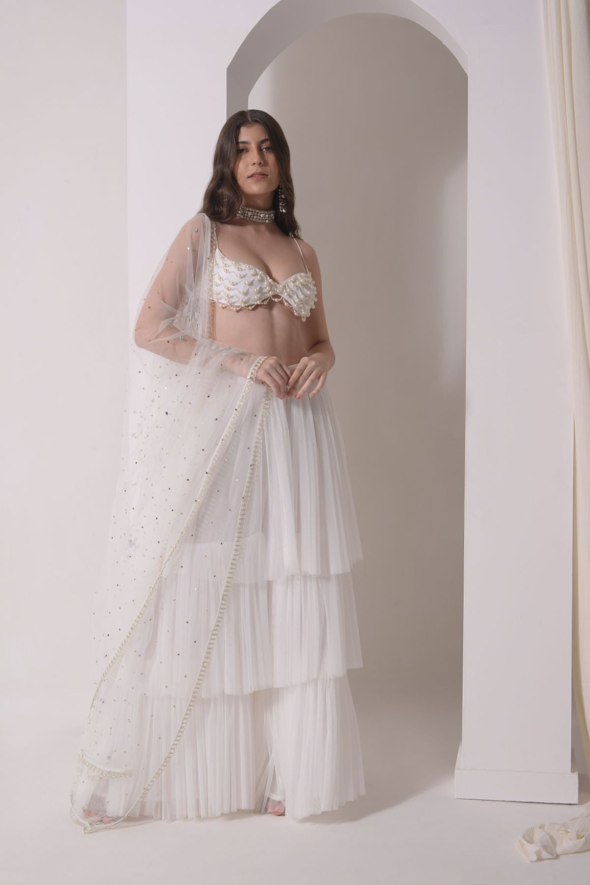 Tiered tulle sharara with beaded bustier and tulle dupatta