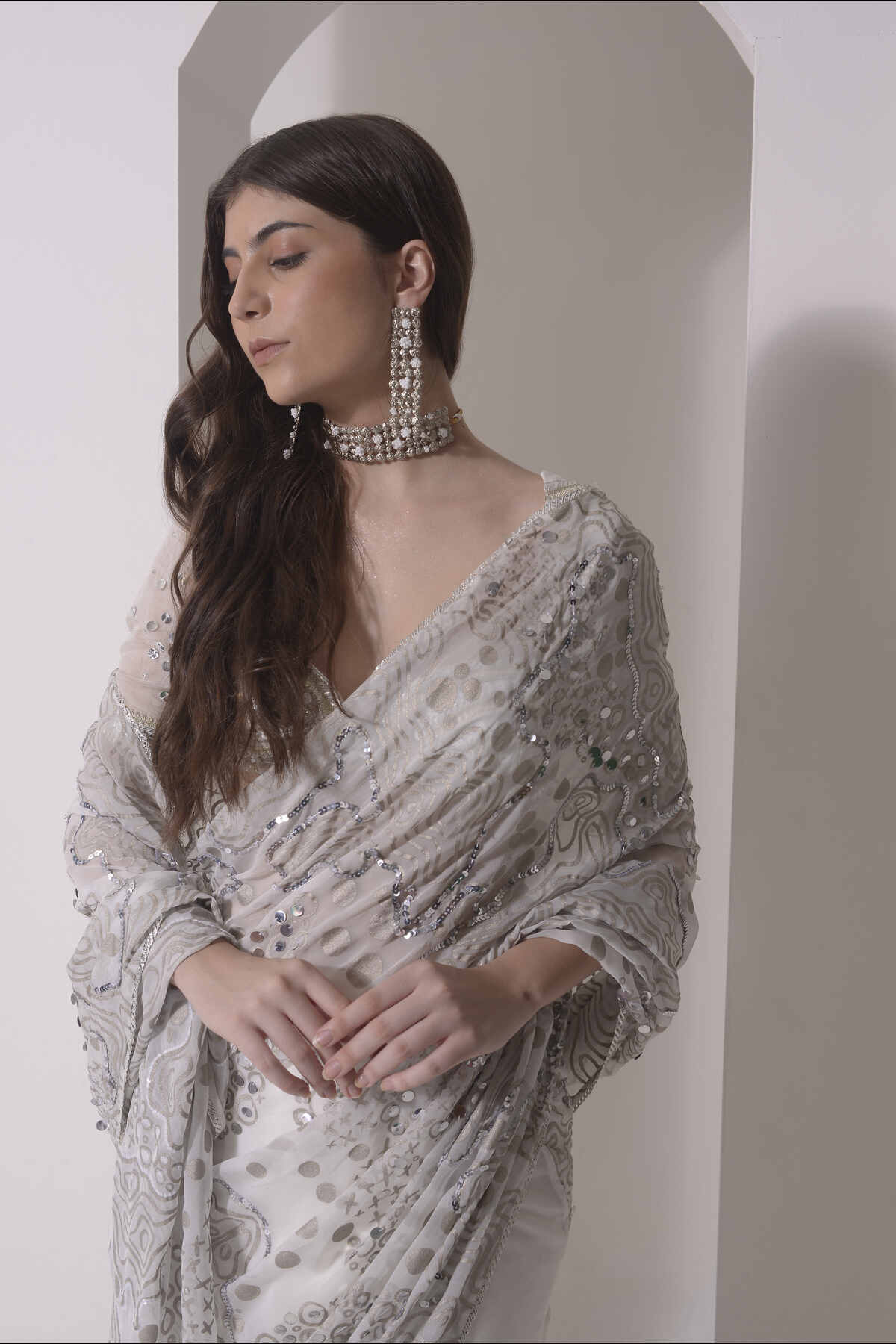 Foil twinkling saree with embroidered blouse