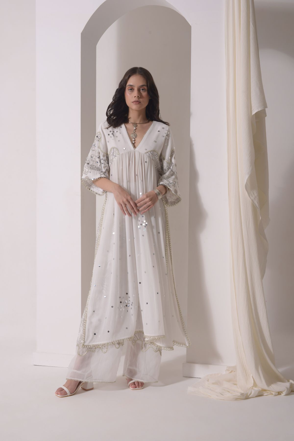 Ruched kaftan kurta with straight patchwork pants