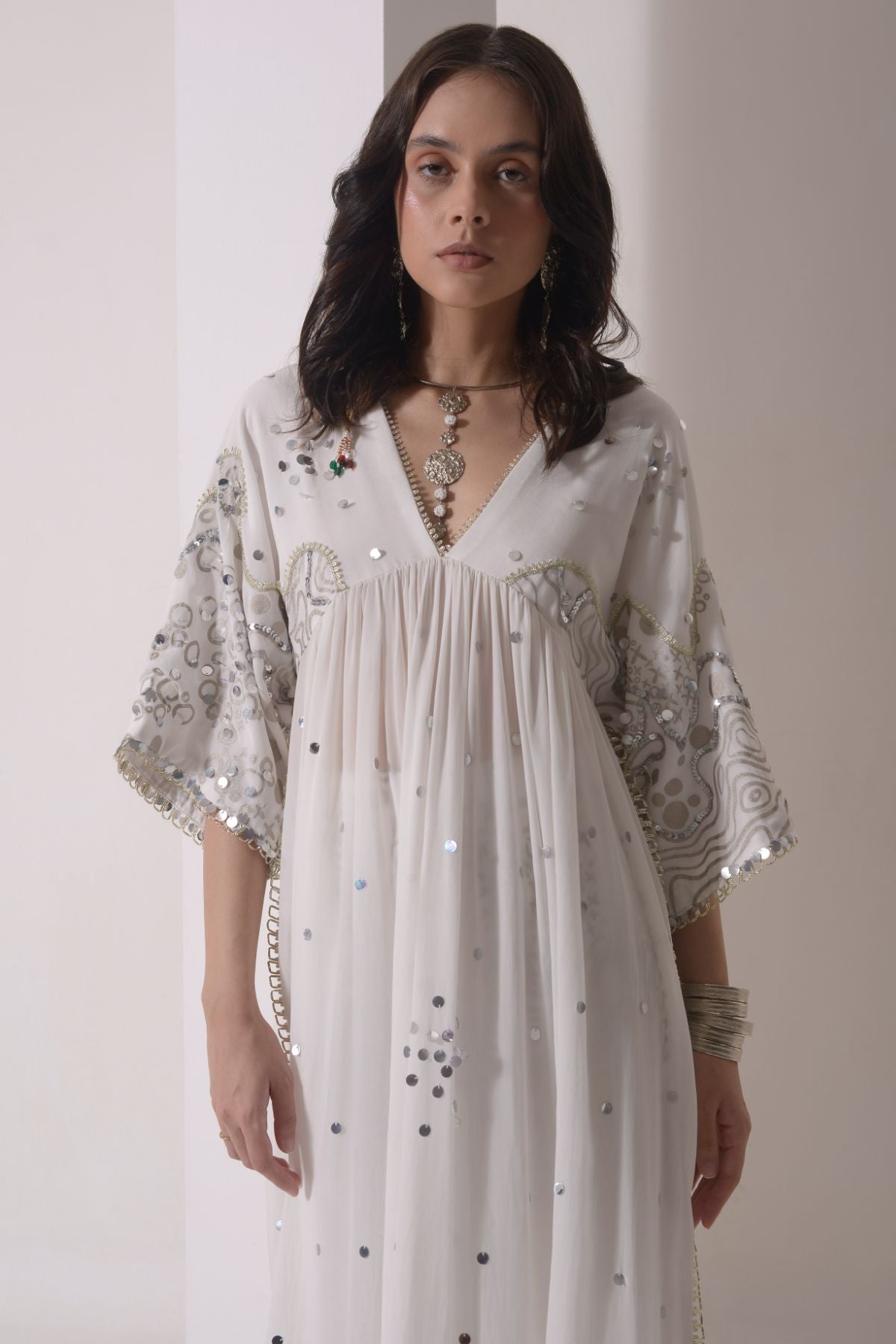 Ruched kaftan kurta with straight patchwork pants