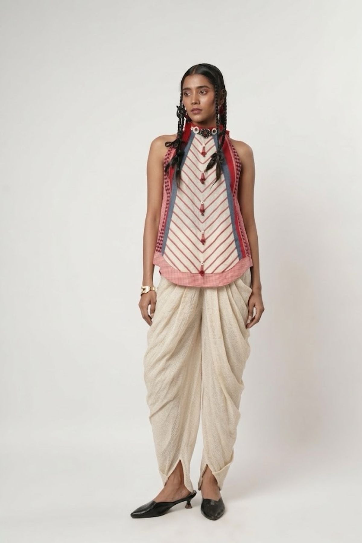 Paneled Cord Halter Top & Dhoti Set