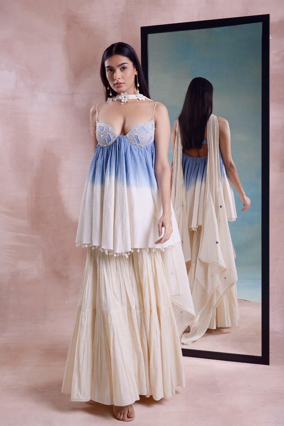Ombre Beaded Bralette Tunic and Tiered Sharara