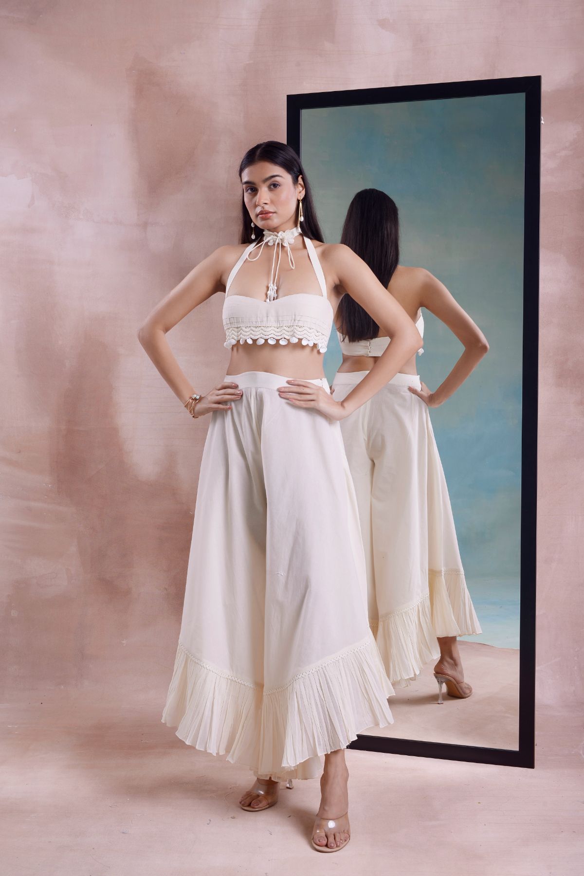 Frill Cropped Pants with Pleated Bustier