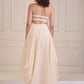Draped gown with embroidered stripes