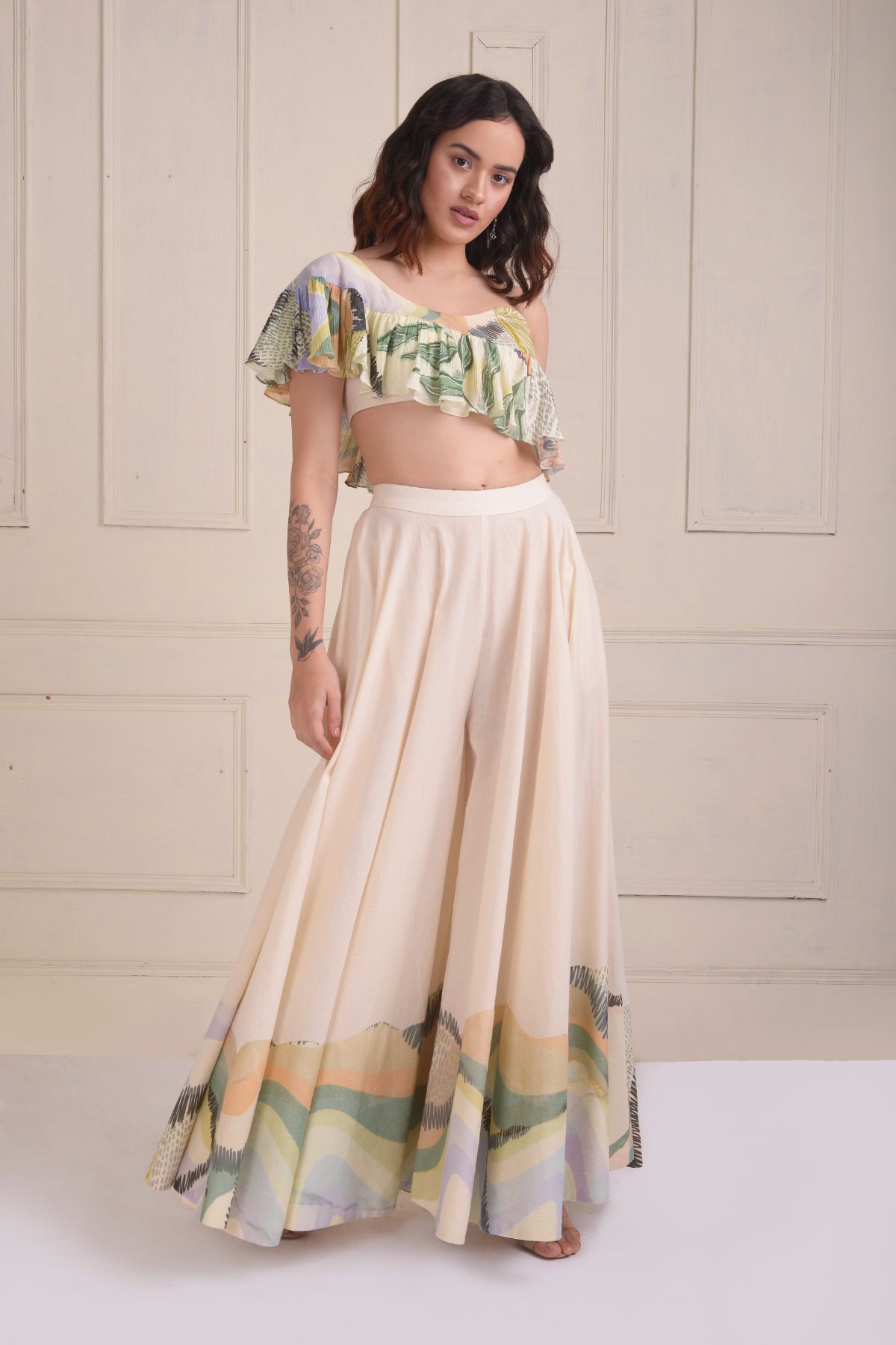 One- shoulder printed crop top with a sharara