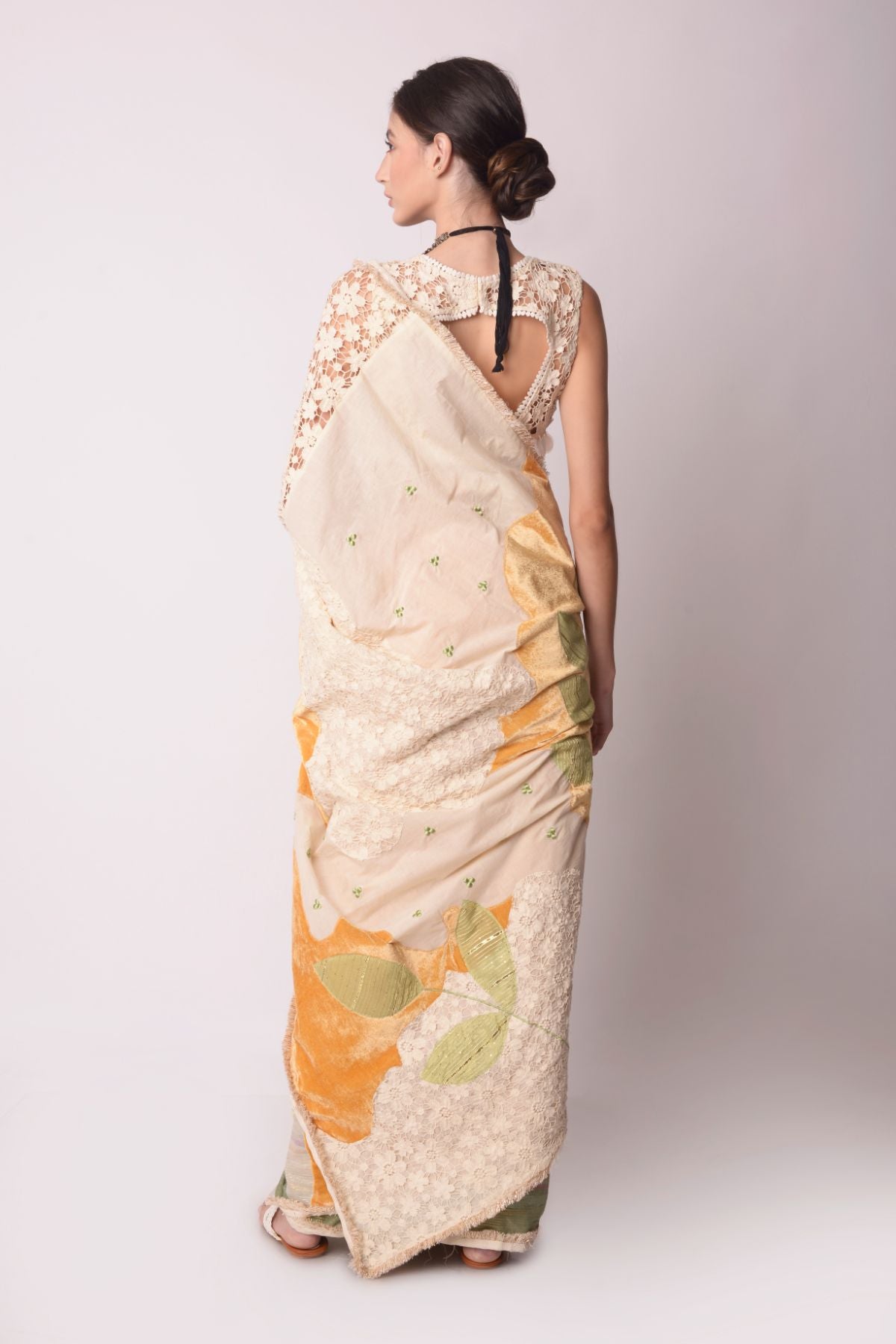 Patchwork Saree With Cutwork V-neck Blouse