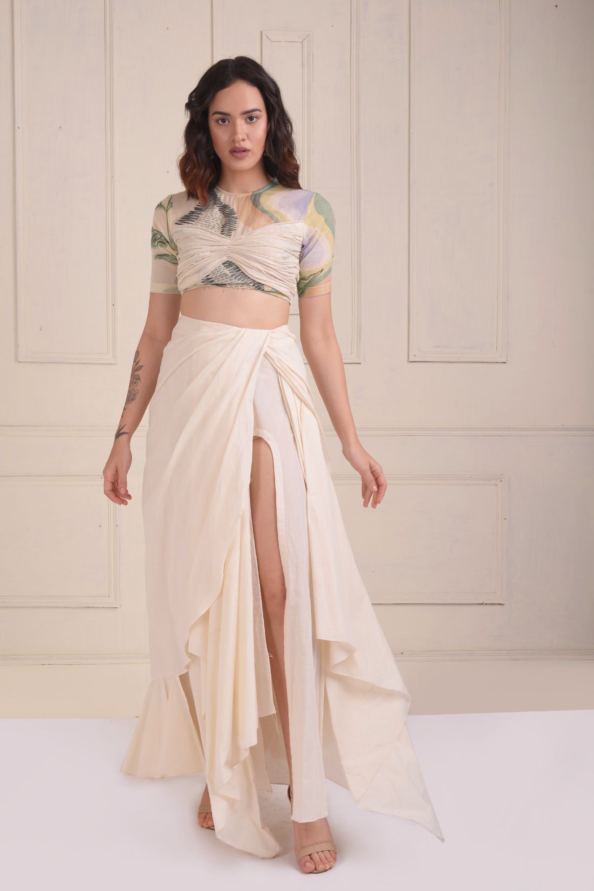 Ruched printed crop top with a draped skirt