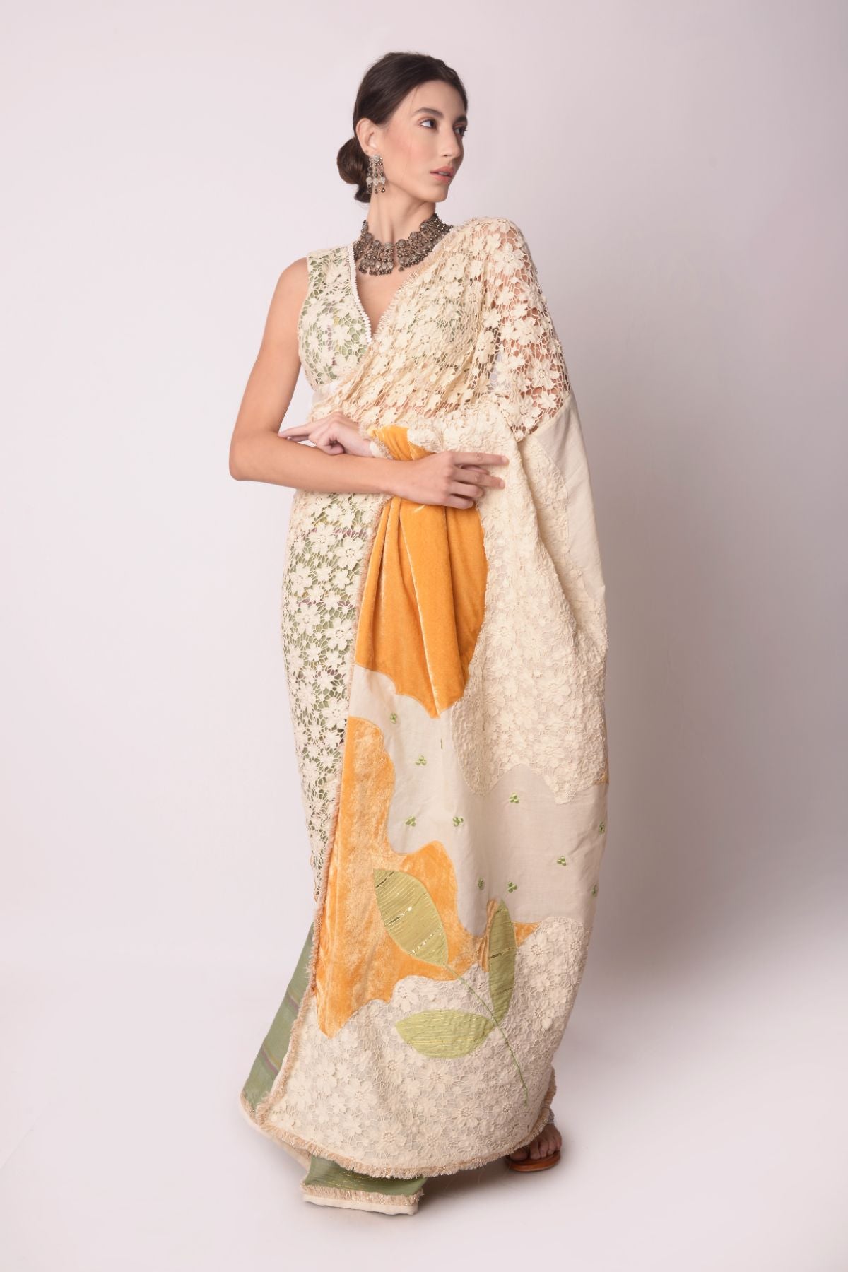 Patchwork Saree With Cutwork V-neck Blouse