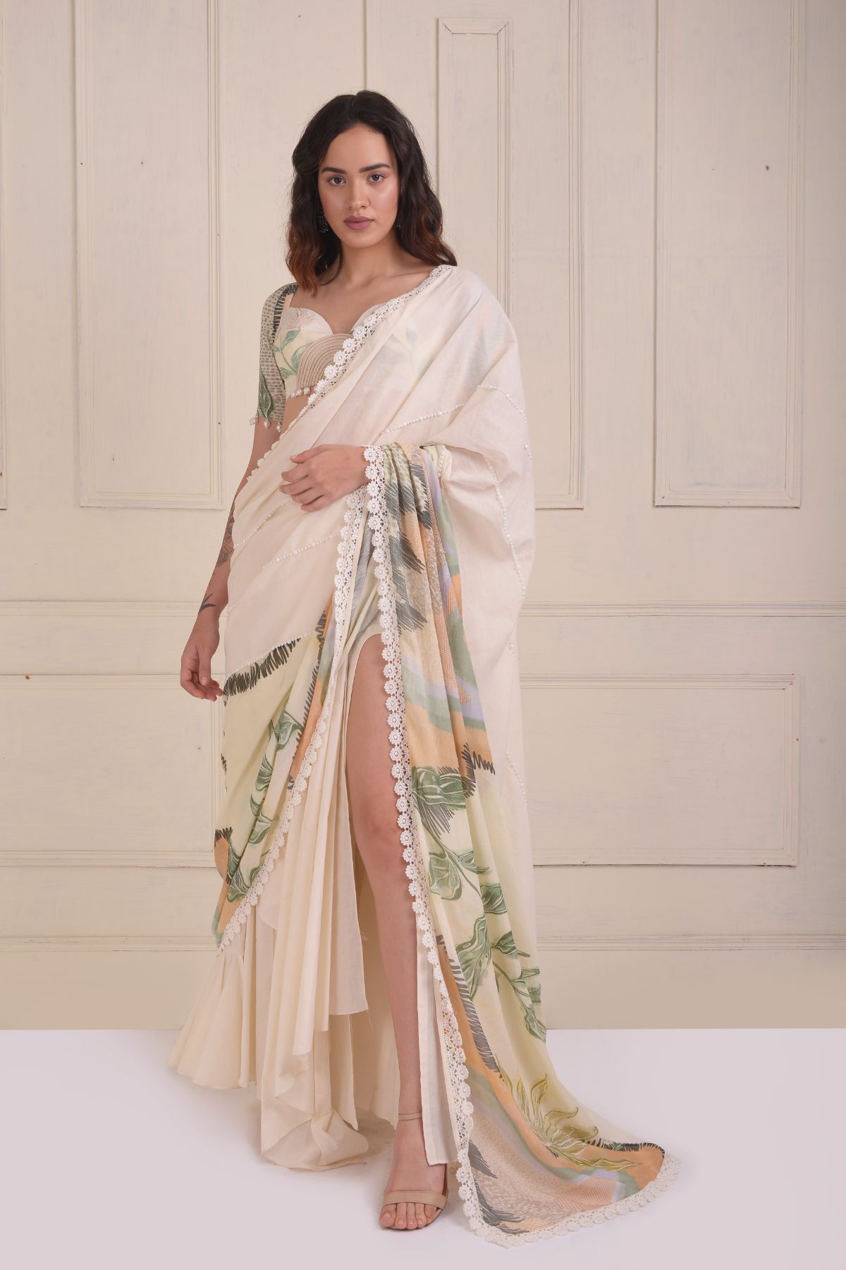 Half-n-half embroidered printed drape saree