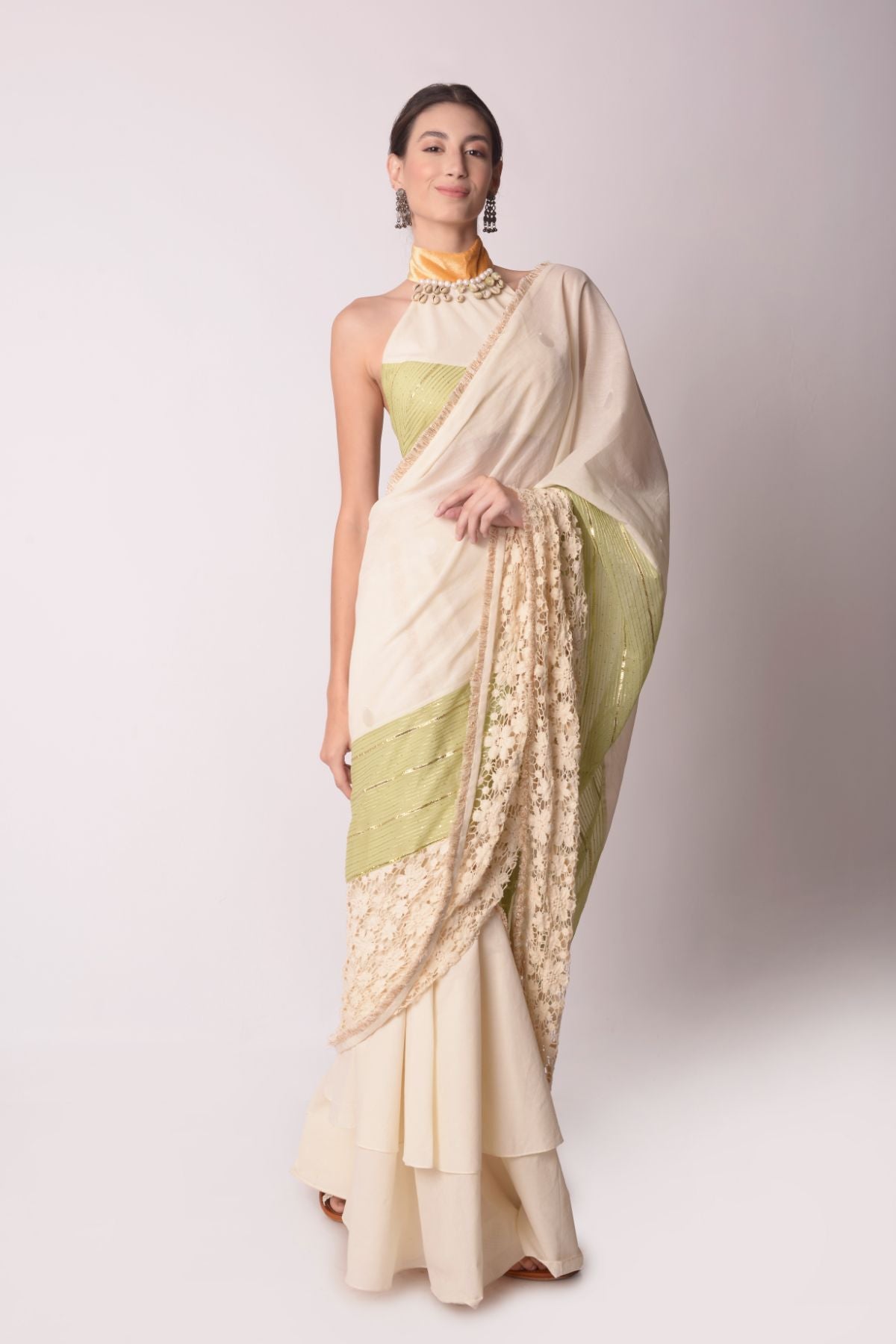 Layered Drape Saree With Patchwork Halter Tie-up Blouse