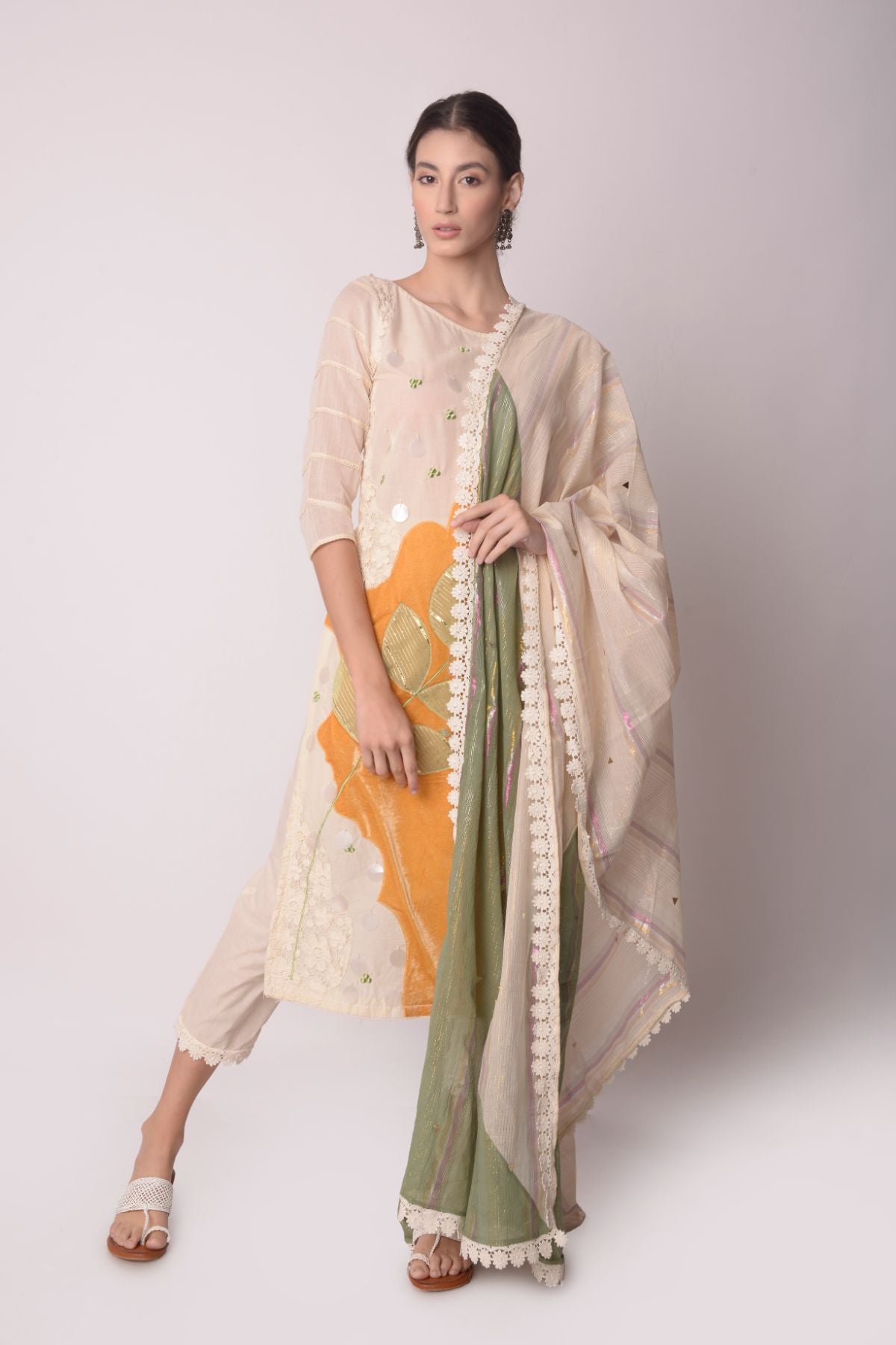 Patchwork Short Kurta With Pants And Dupatta