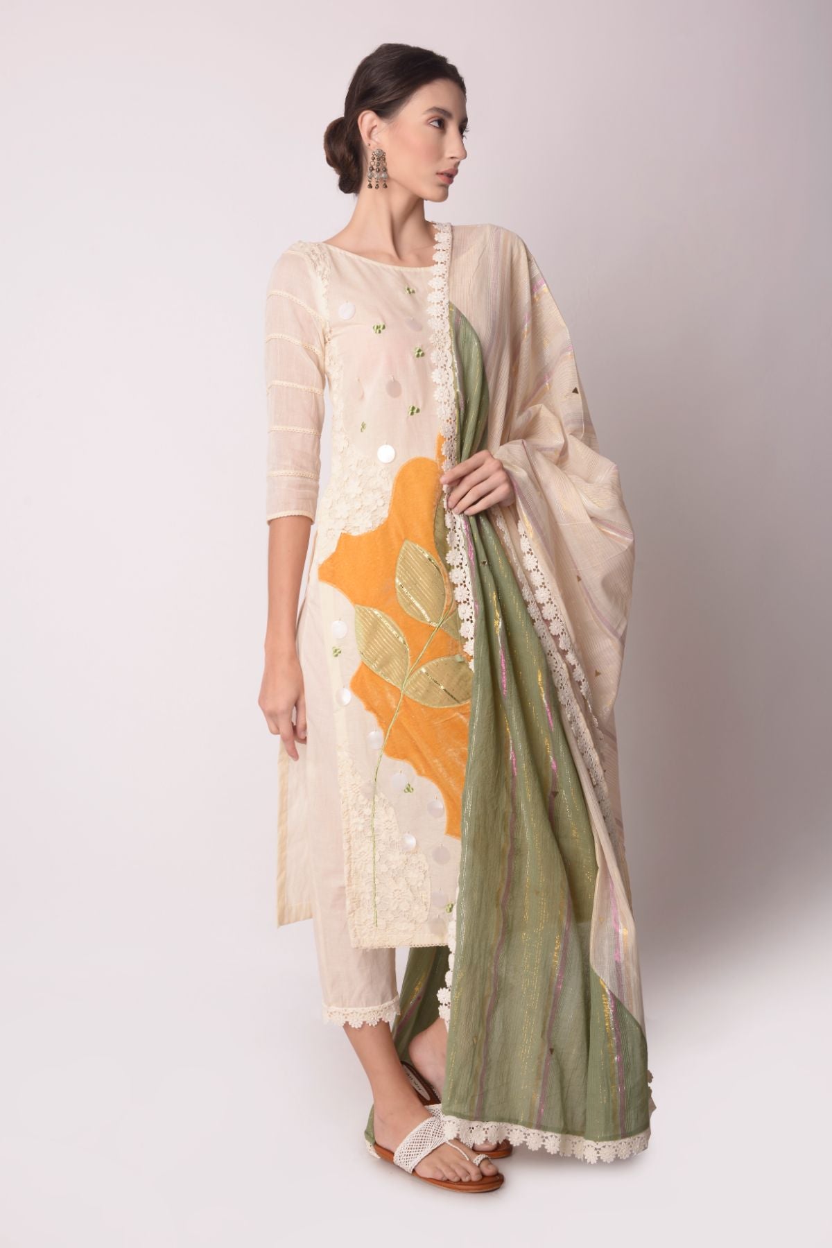 Patchwork Short Kurta With Pants And Dupatta