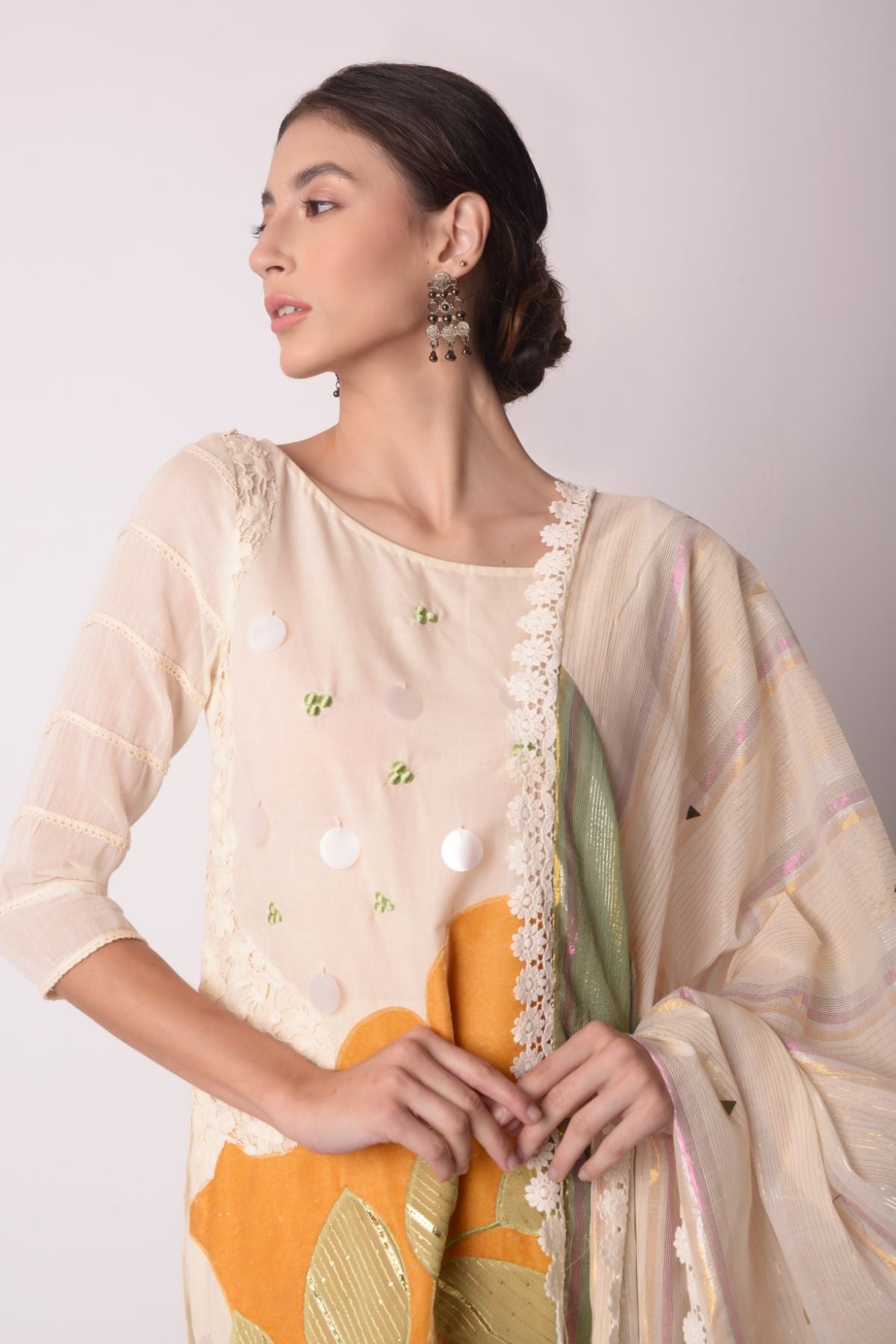 Patchwork Short Kurta With Pants And Dupatta