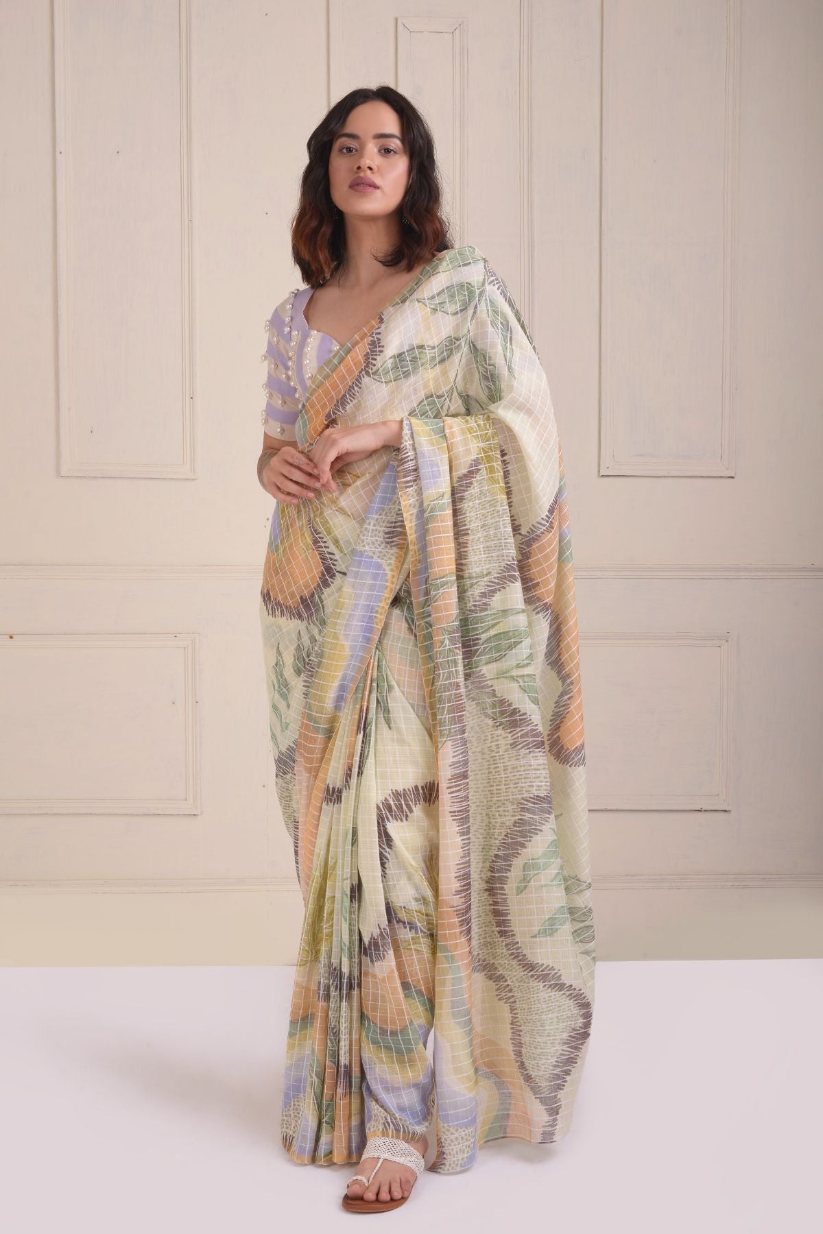 Checkered printed saree with blouse