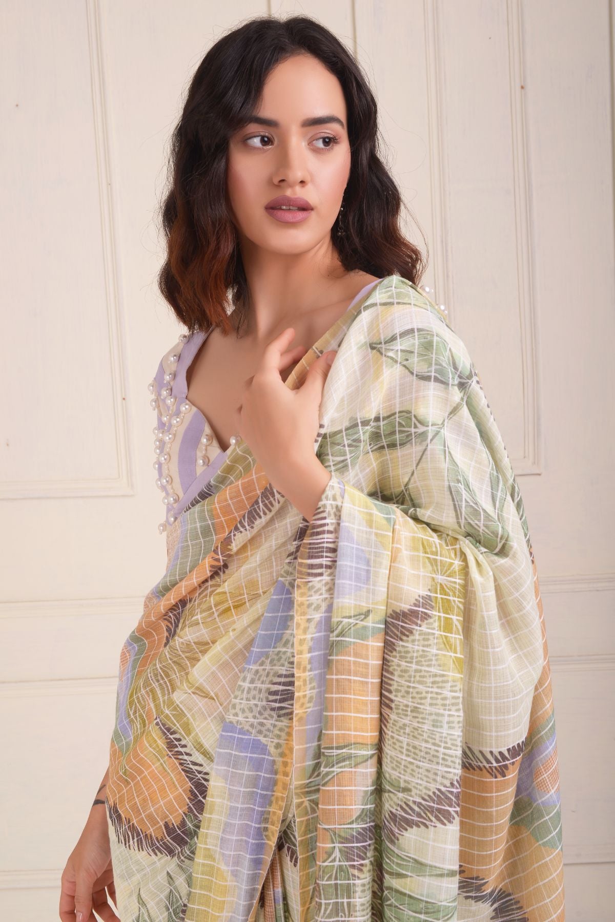 Checkered printed saree with blouse