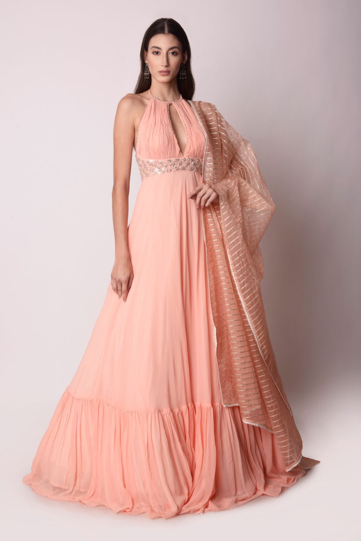 Georgette Kalidar With Gathered Yoke Paired With An Organza Dupatta