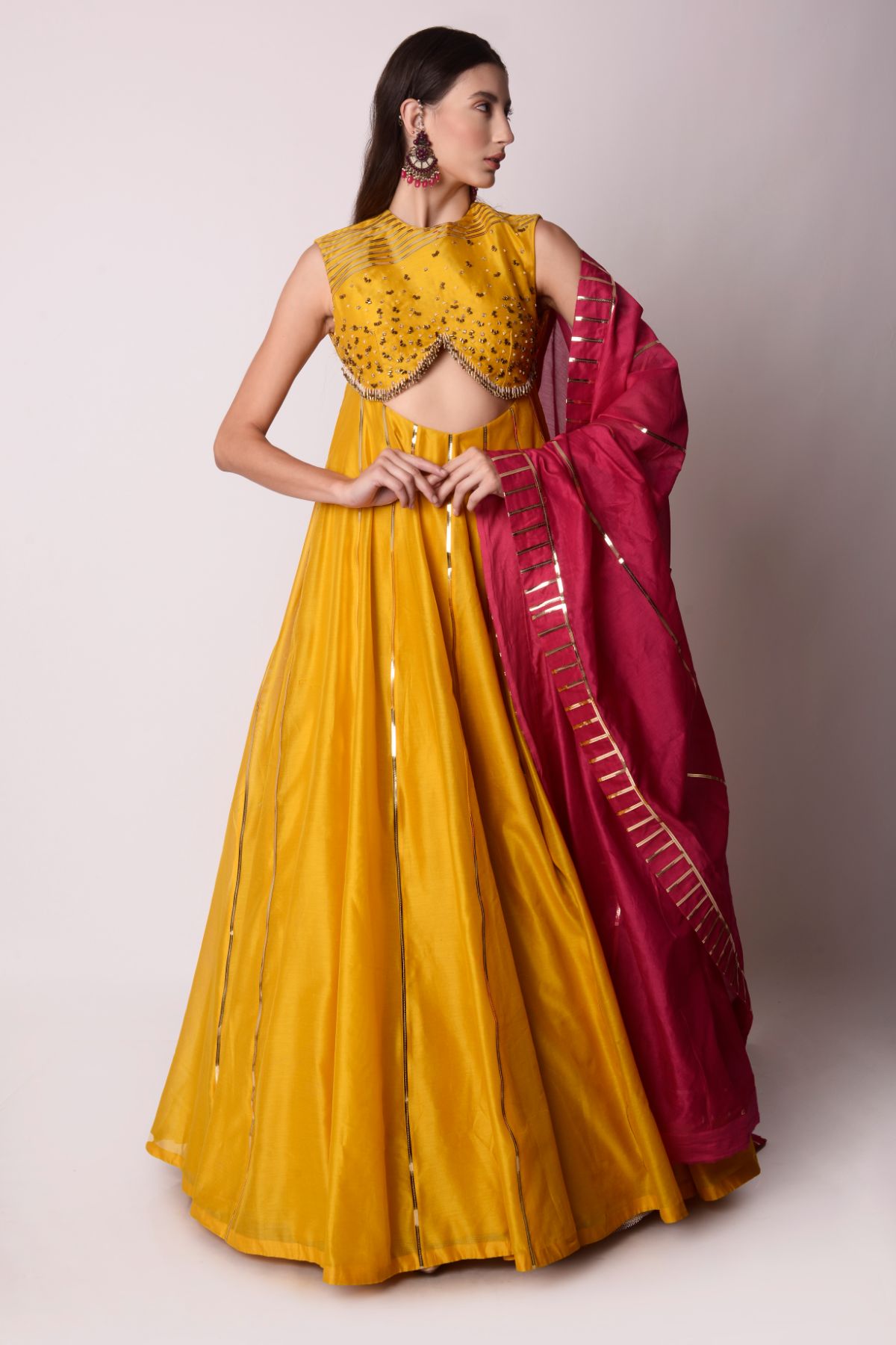 Chanderi Kalidar With Cutout At Waist Paired With Dupatta