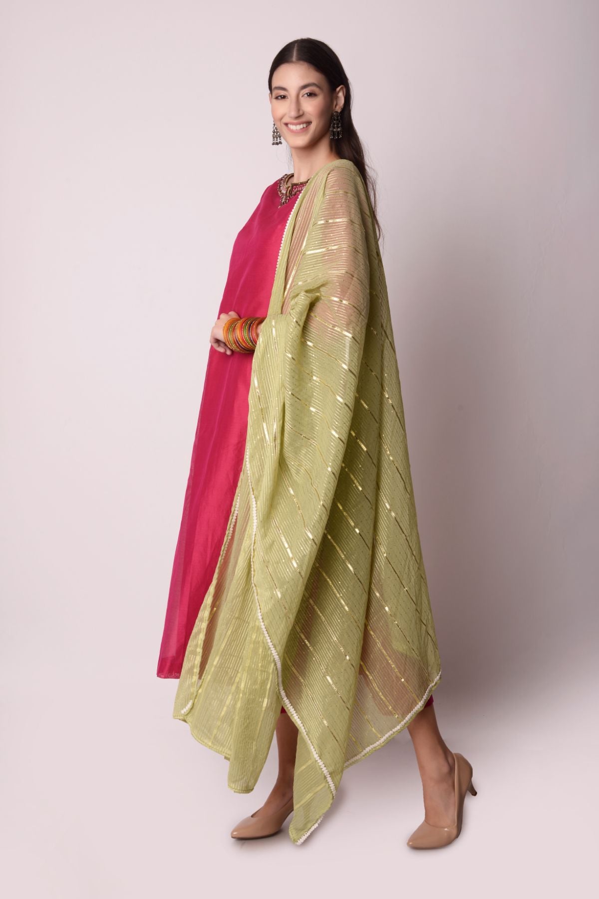 Chanderi Straight Kurta With Cropped Pants And Dupatta