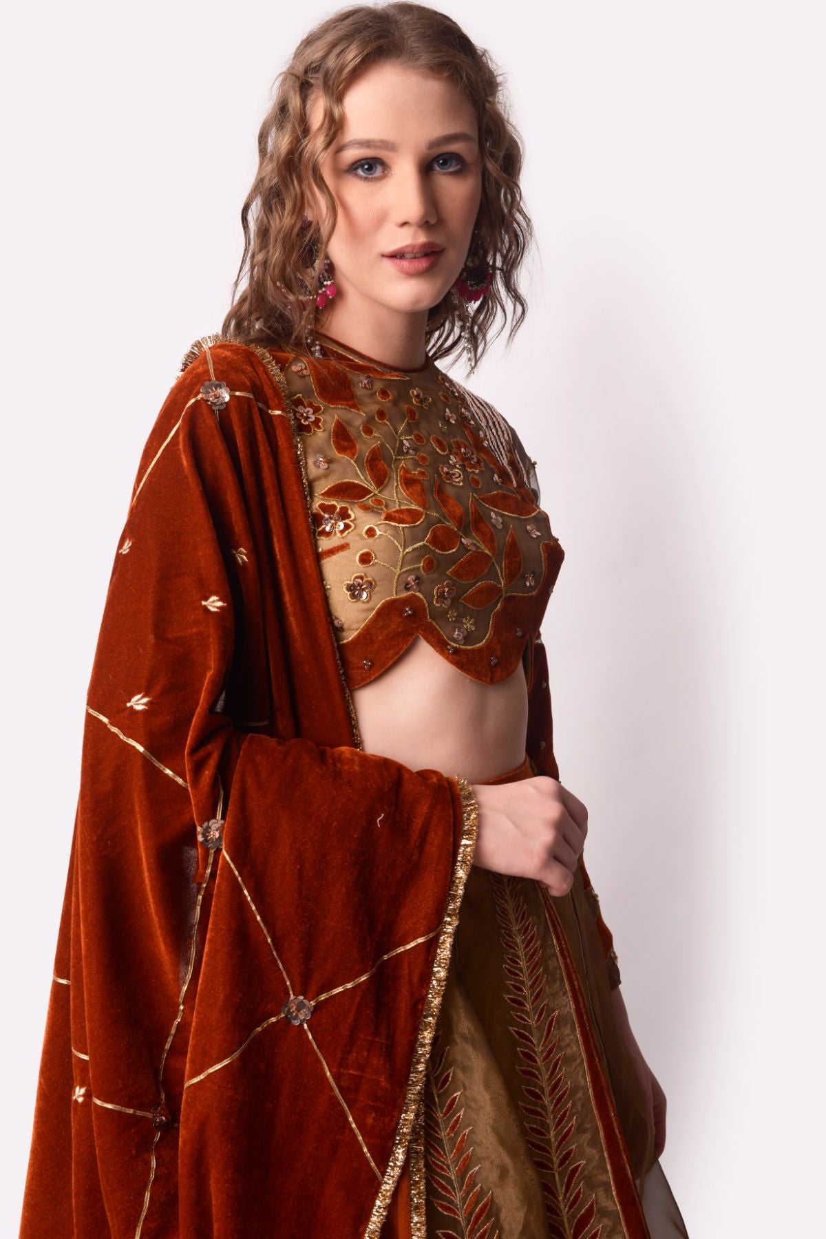 Gold Tissue Lehenga Choli and Belt with contrasting Red Tulle Dupatta –  Nitika Gujral