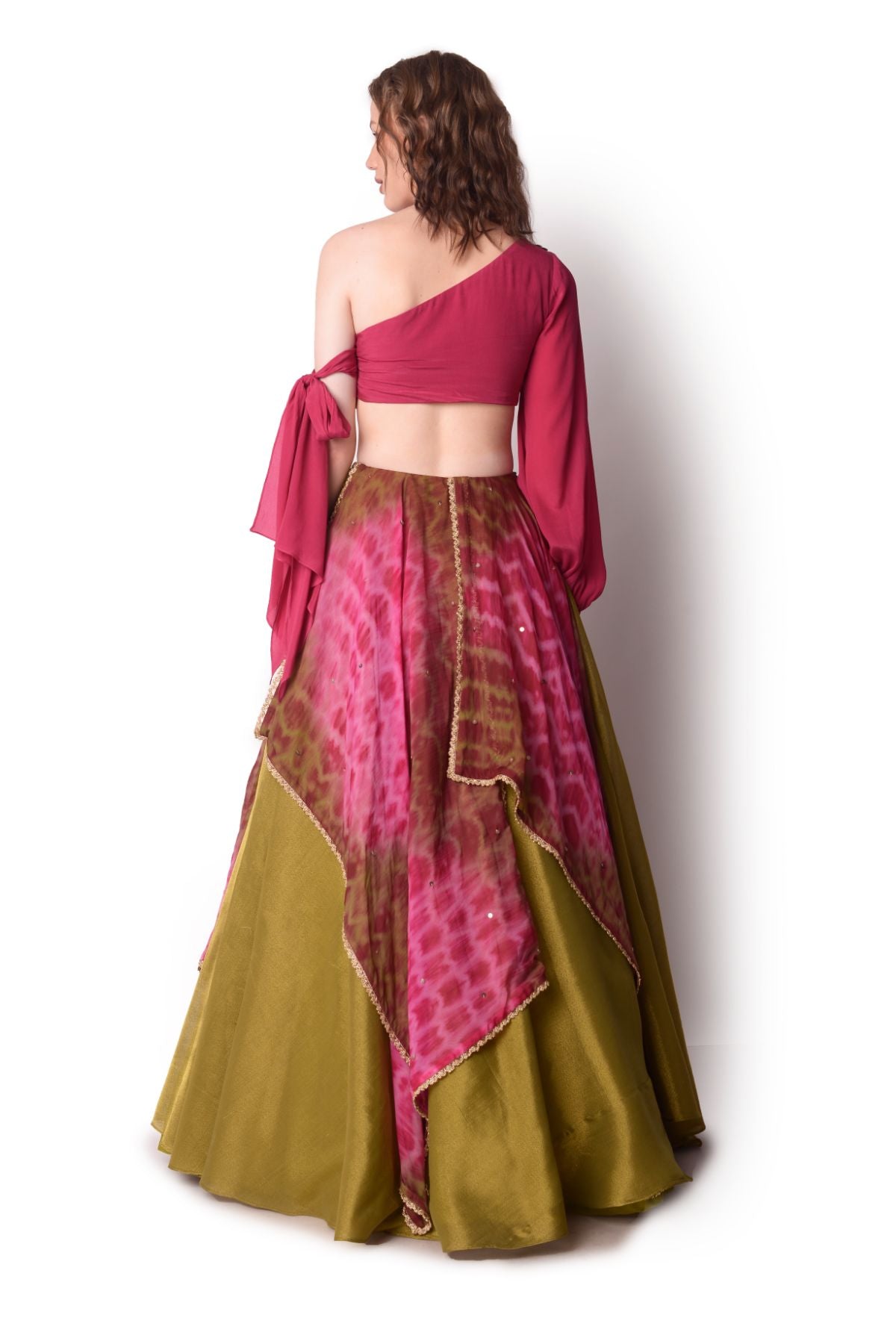 Tie –dye Layered Lehenga Paired With One Shoulder Tie Up Blouse