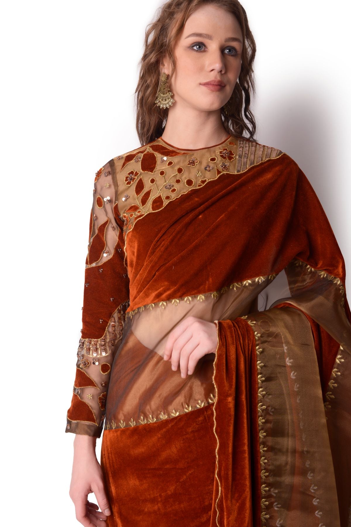 Patchwork Velvet Saree Paired With Blouse