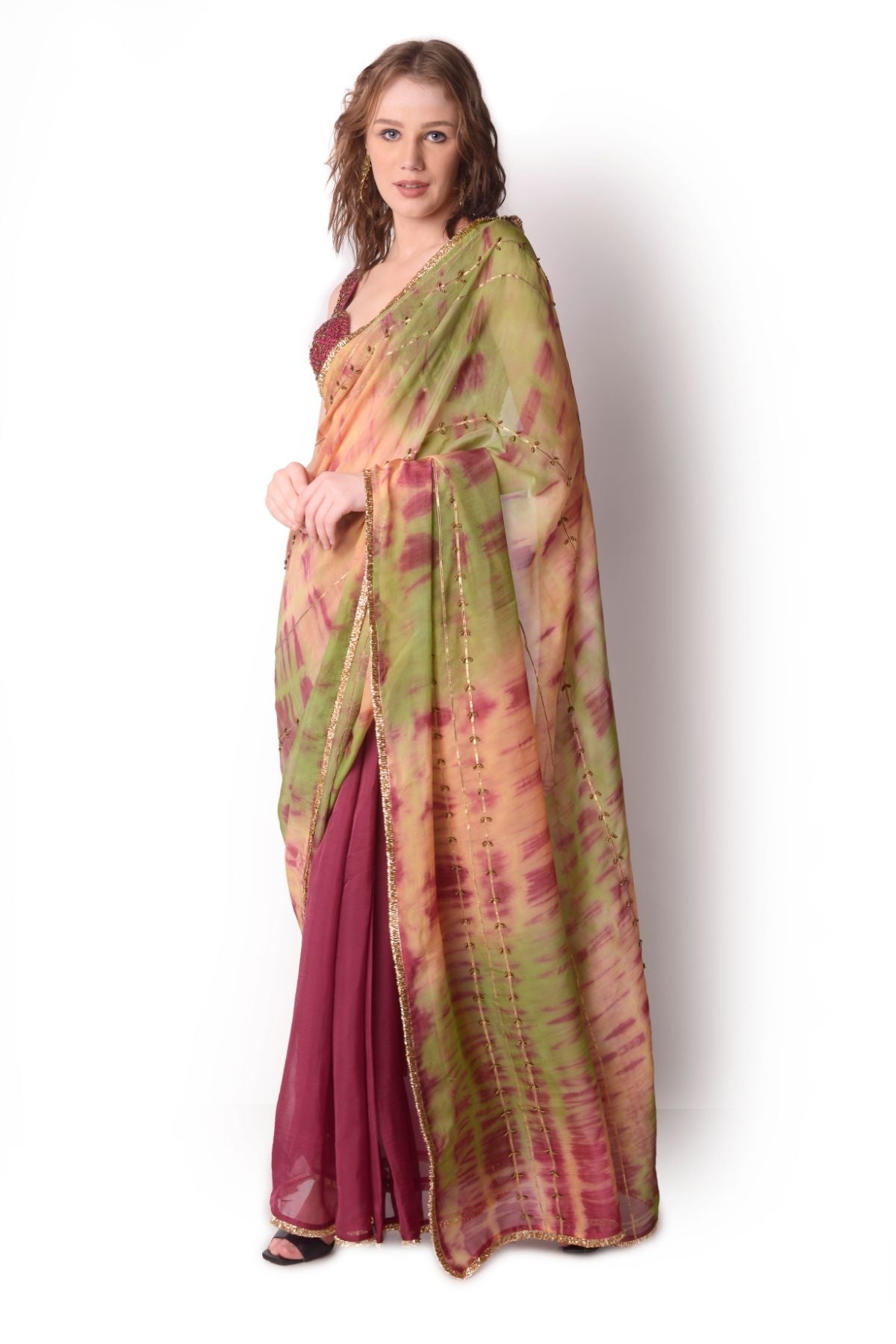 Tie-dye Saree Paired With Hand Embroidered Blouse