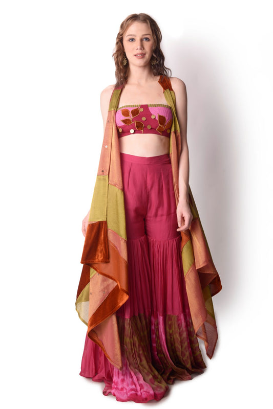 Patchwork Tissue Jacket Paired With Sharara Set