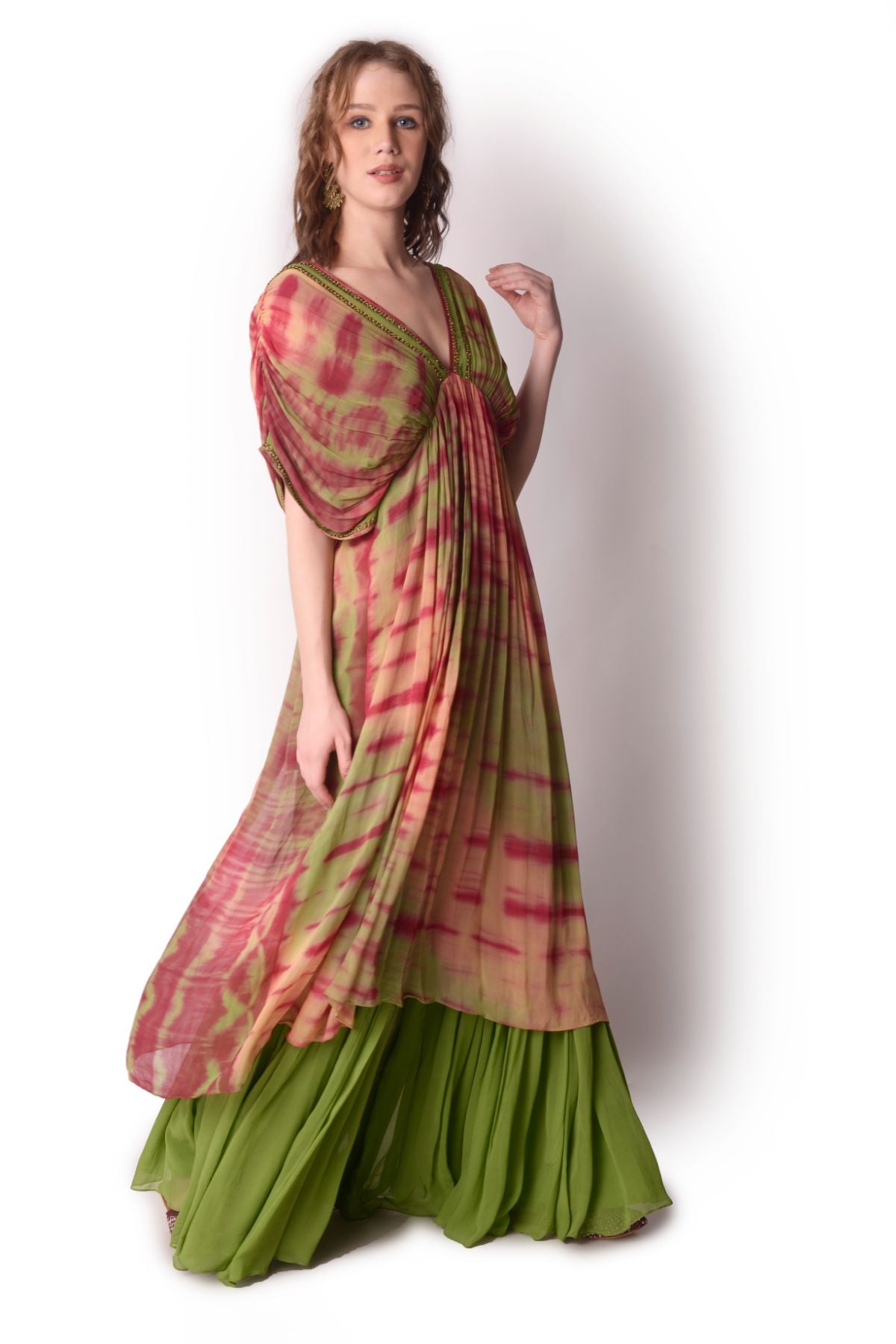 Embroidered Tie-dye Gathered Tunic With Sharara