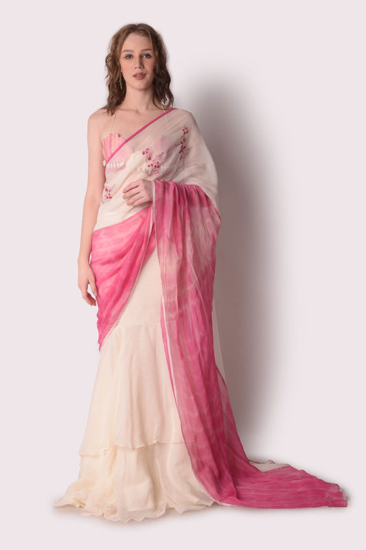 Tie-dye Embroidered Saree With Patchwork Bustier