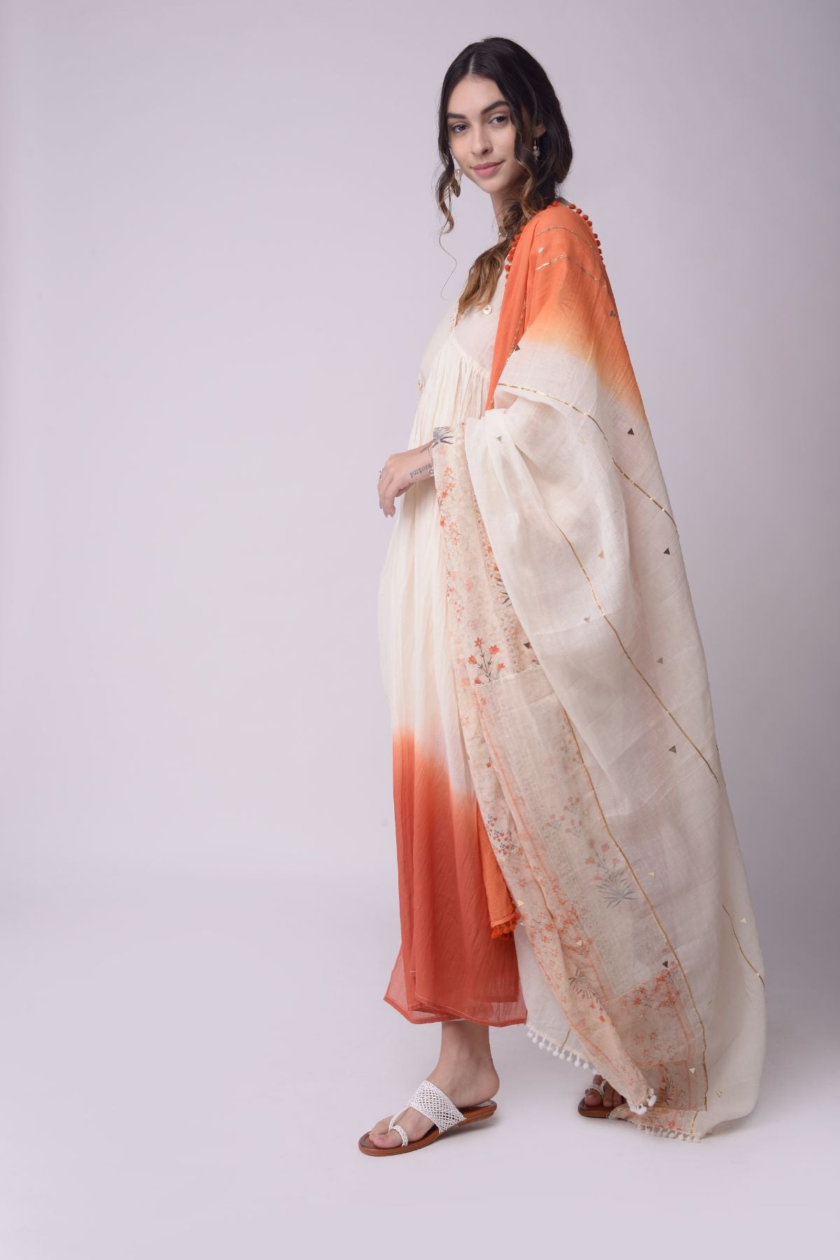 Ombre Kaftan Kurta With Cropped Pants And Patch Dupatta.