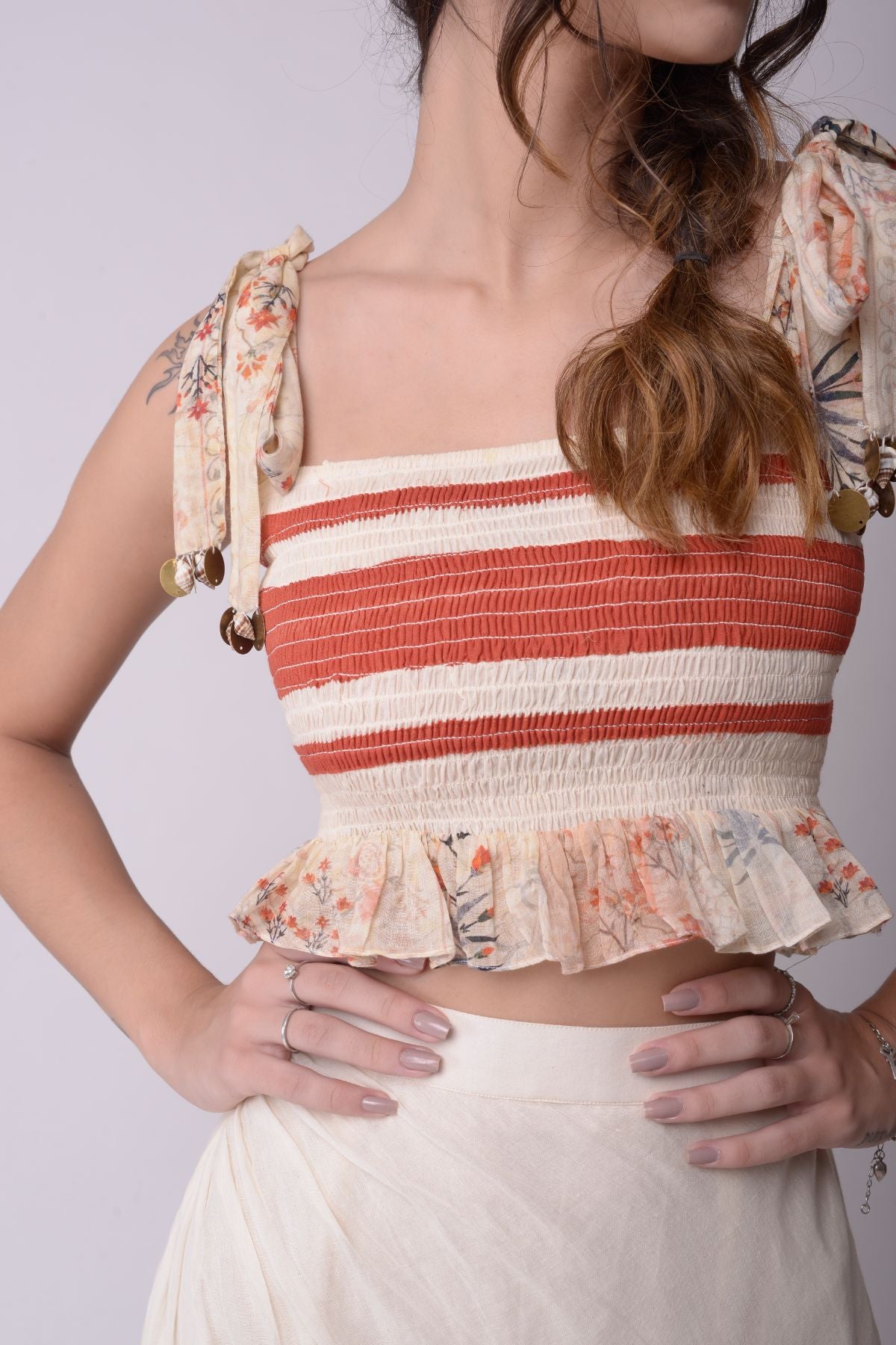 Asymmetrical Ruffle Skirt With Patchwork Smocking Crop Top