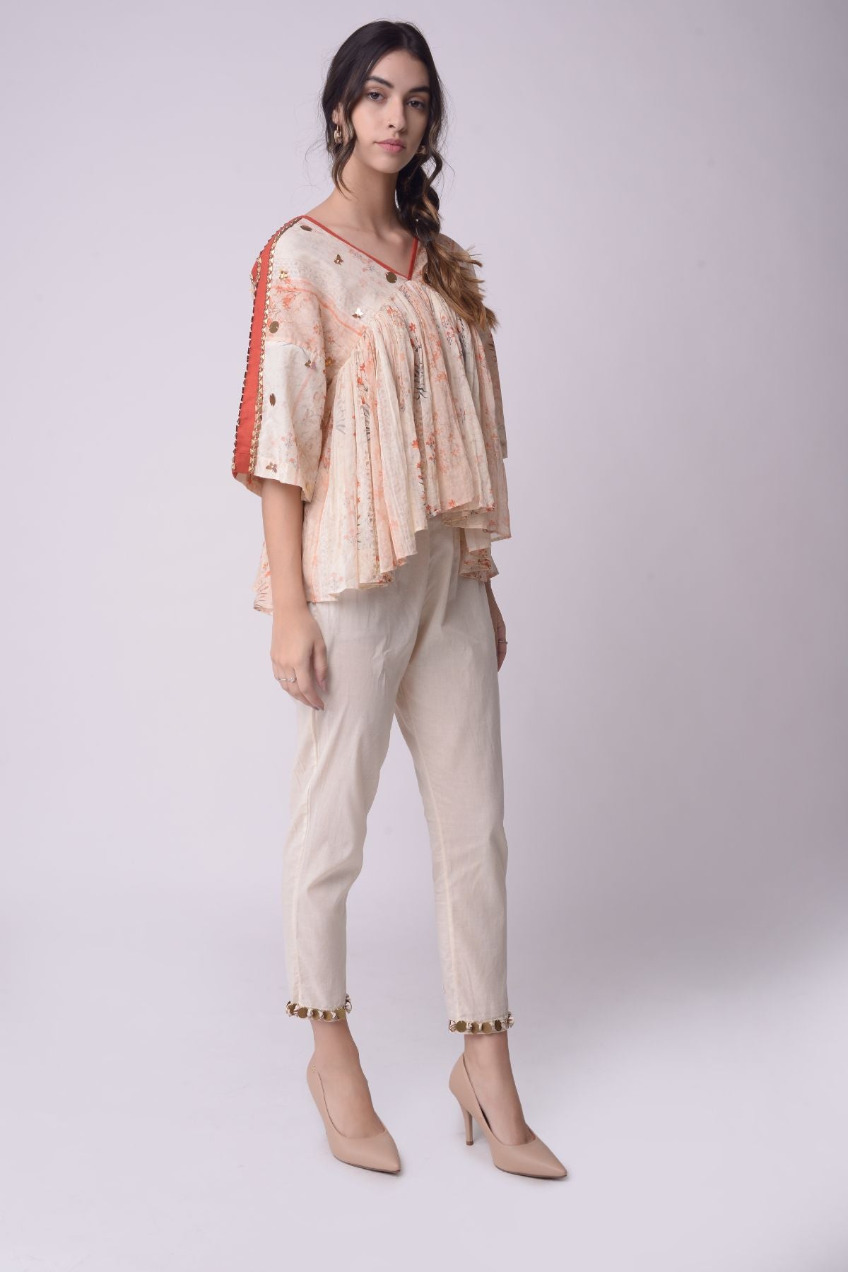 Printed  And Embroidered Gather Top With Cropped Pants