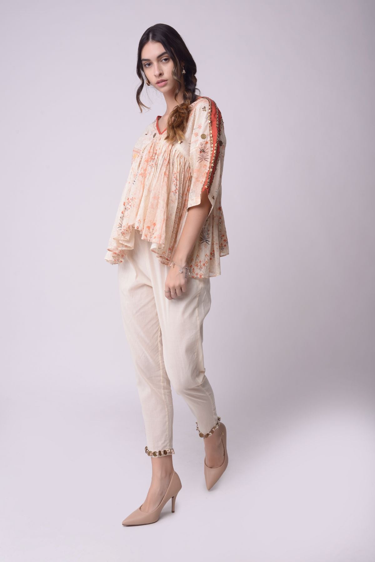 Printed  And Embroidered Gather Top With Cropped Pants