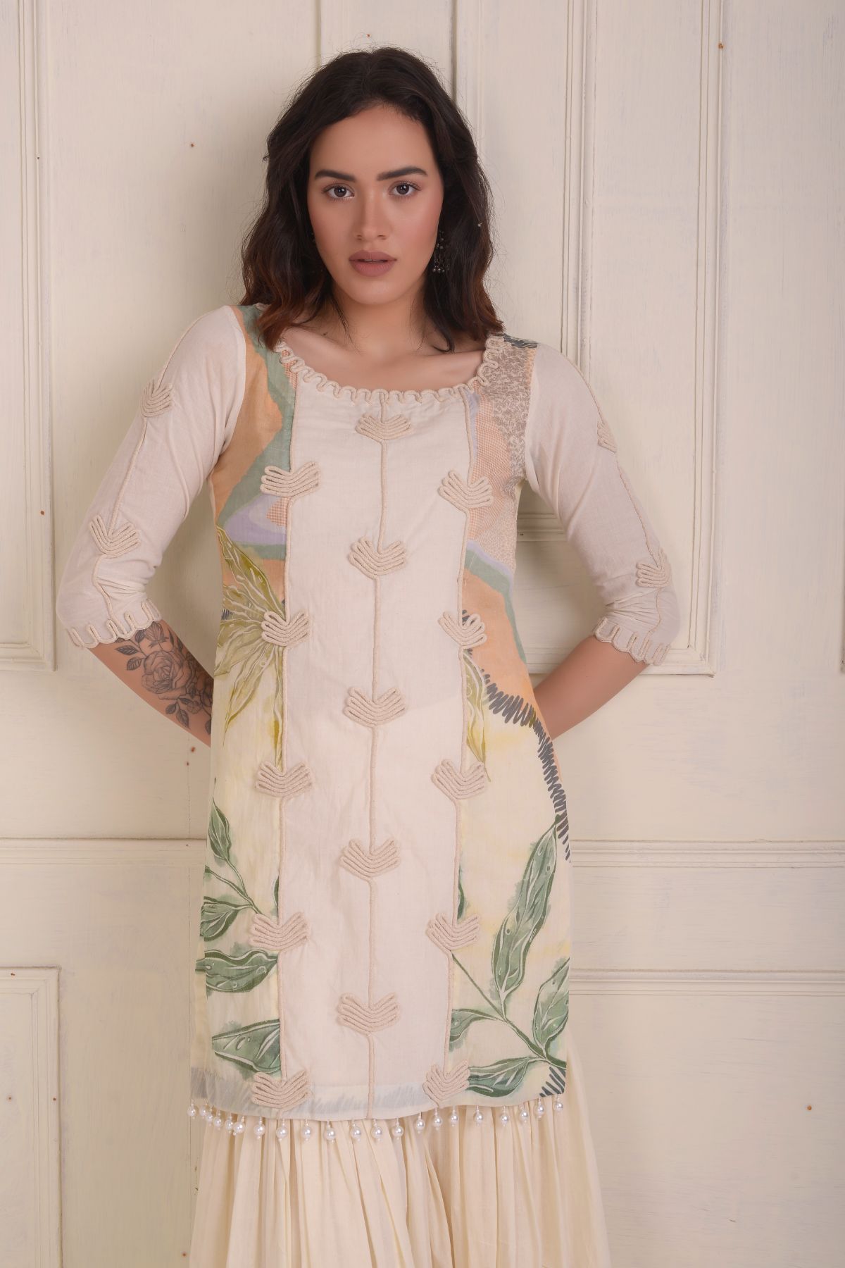 Embroidered short kurta with tiered sharara and dupatta