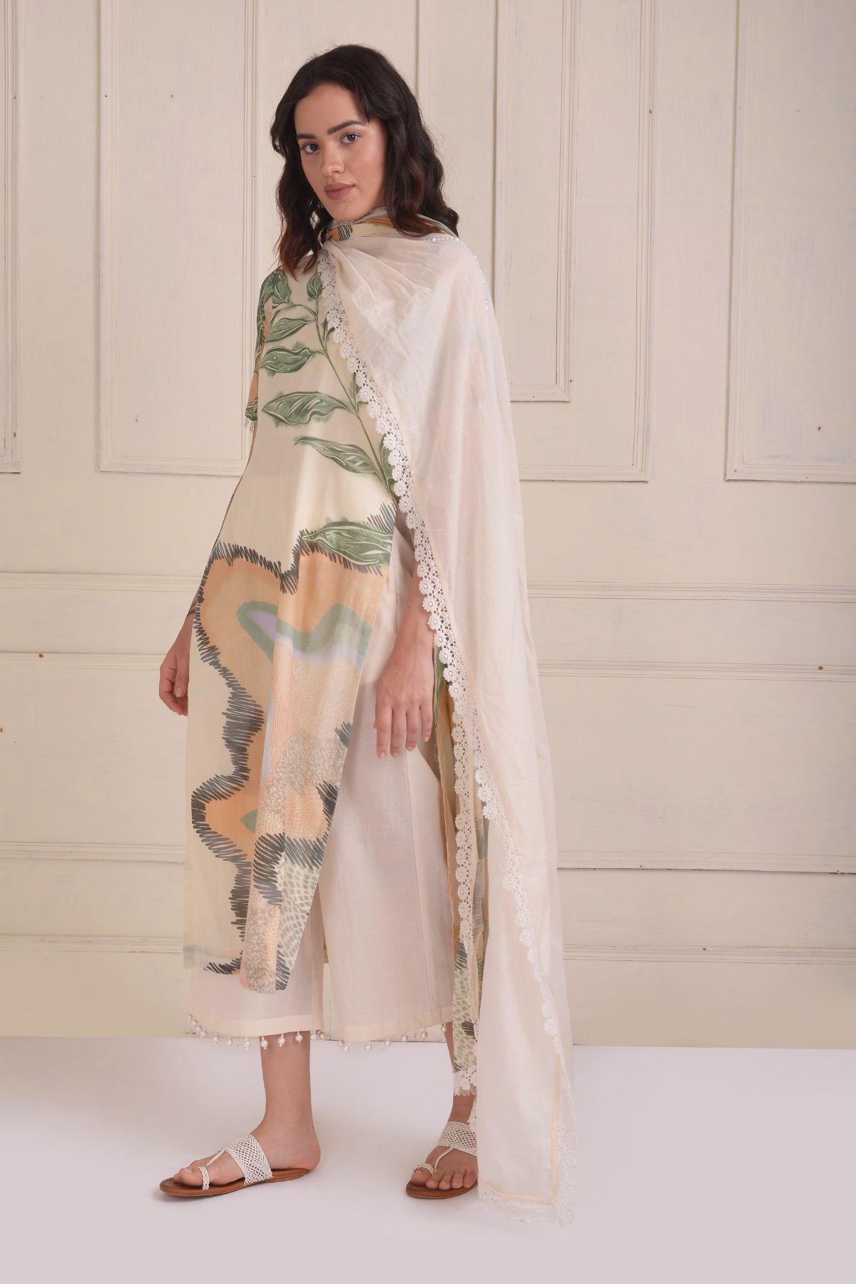 Printed kurta with beaded straight cropped pants and dupatta