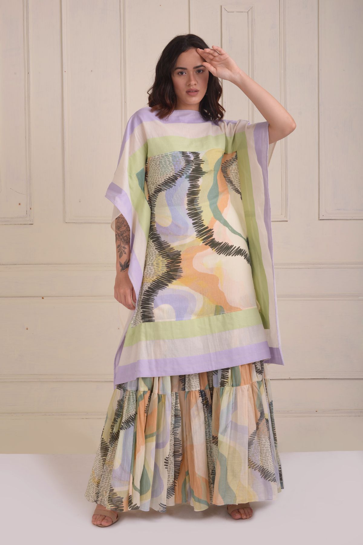 Patchwork scarf tunic with a printed tiered sharara